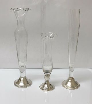 3 Vintage Weighted Sterling Silver And Etched Crystal Bud Vase Duchin - Empire