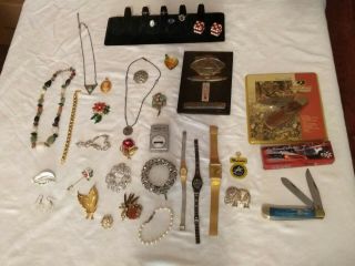 Vintage Estate Junk Drawer Pocket Knives/jewelry/925/watches/rings/nasa Lighter