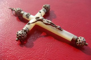 Late 1800 Antique France Mother Of Pearl And Filigree Silver Religious Crucifix
