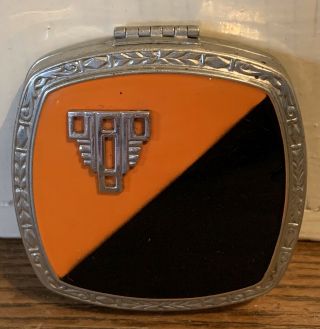 Vintage Art Deco Orange And Black Enamel With Silver Etching Design Compact