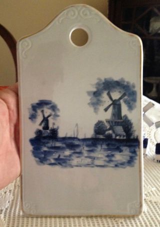 Vintage Delft Blue And White Windmill Cheese Cutting Board Holland Dutch 6 X 10