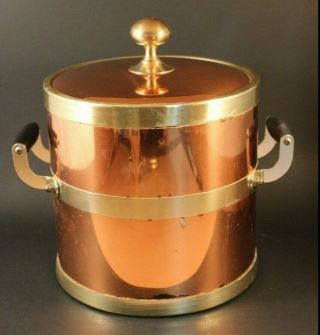 Vtg Retro Copper Tone And Brass Kraftware Ice Bucket With Black Wooden Handles