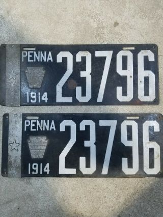 1914 Pennsylvania Porcelain License Plates Solid Tire Truck Tag Penna Star Pair