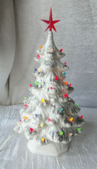 13 " Vintage White Ceramic Christmas Tree Colored Lights Glitter On Branches 137