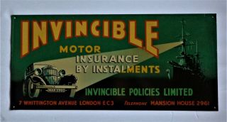 Vintage 1930’s Tin Sign Invincible Motor Insurance 20 X 9 1/2 Inches