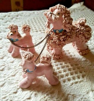 Vintage Porcelain Spaghetti Pink Poodle Figurines Set Of 3 Mother W/ 2 Puppies