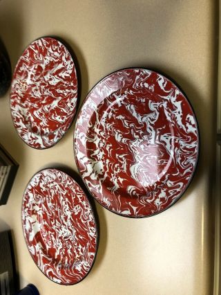 3 Vintage Red & White Swirl Graniteware 10” Plate Plates Old