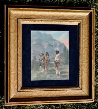 Antique Frame With Hand Color Tinted Photo Of Native American Indians