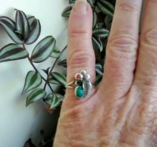 Vintage Sterling Silver Native American Turquoise and coral ring size 5.  5 2