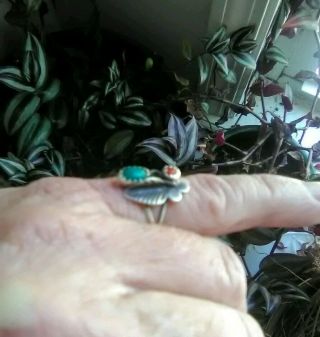 Vintage Sterling Silver Native American Turquoise and coral ring size 5.  5 3