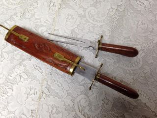 Vintage,  2pc Set,  Carving Set With Ornate,  Carved Wooden Case 18in X 3in X 3in