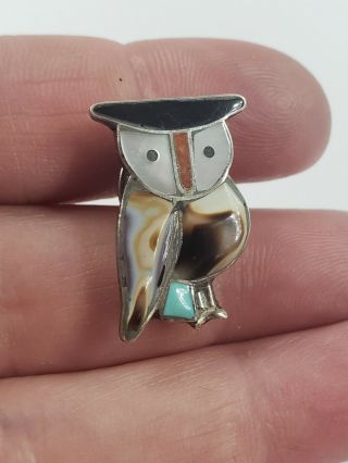 Vintage Sterling Silver Native American Multi Stones Inlay Owl Lapel Pin 1 " T 2g