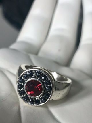 Vintage Retro Red Stone Size 7 Ring Round Pave Halo Silver Tone Costume Cosplay