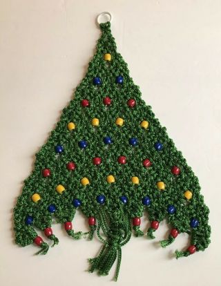 Vintage Macrame Christmas Tree Wall Hanging Green Beads Holiday Decor