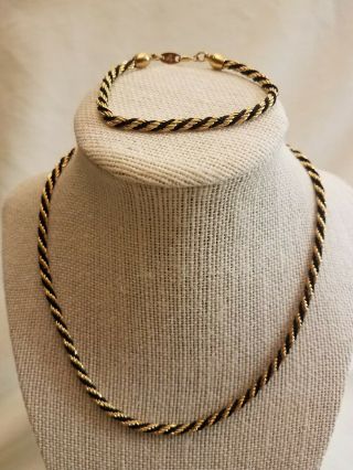 Vintage Signed Trifari Necklace Bracelet Set Gold Tone And Black Cord Rope Style