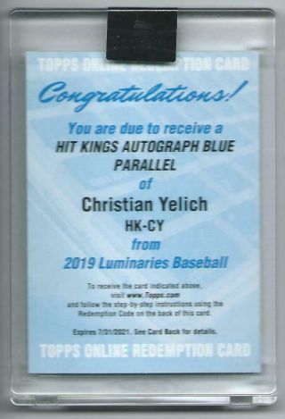 2019 Topps Luminaries Hit Kings Blue Christian Yelich Auto Autograph /5 Brewers