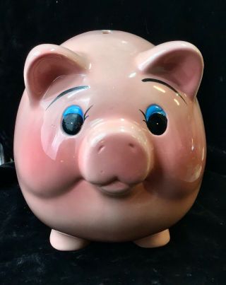 Adorable Vintage Mid Century Large Pink Ceramic Piggy Bank Fat Belly Pig