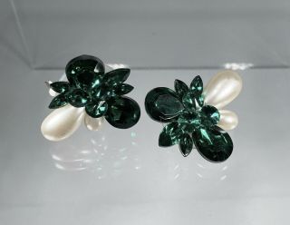 Vintage Large White Pearl W Emerald Clusters Clip - On Earrings
