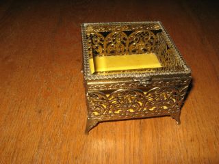 Vintage Mid Century Gold Ormolu Jewelry Casket Box/ Beveled Glass Vtg Vanity