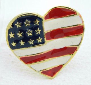 Vintage Gold Tone Enamel Patriotic Heart 4th Of July Large Pin Brooch