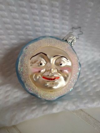 German Glass Vintage Christmas Ornament Man In The Moon Face Blue Glittery