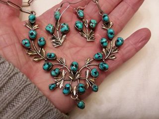 Antique Navajo Natural Godber Turquoise Sterling Silver Necklace Earrings Set