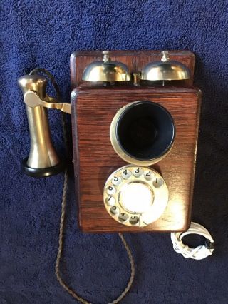 Antique Wood And Brass Wall Phone