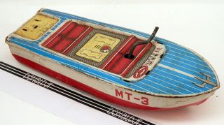 Vintage Speedboat Tin Litho M.  T.  Modern Toys Masudaya Japan " Mt - 3 " 6.  5 " Long