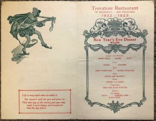 Vintage 1922 - 1923 Trovatore Restaurant,  San Francisco Year ' s Eve Menu 2