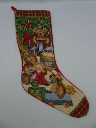 Vintage 22 " Wool Needlepoint Christmas Holiday Stocking Teddy Bear Toys Doll