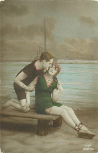 Romantic Lovers Couple Old Bathing Suits Vintage Tinted Postcard