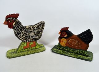 Vintage Menno Chickens Hen,  Chick & Rooster Folk Art Carved Wood & Painted,  Pa