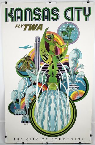 1960s Fly Twa Kansas City Poster David Klein Artwork 4 - 1104 Made Usa