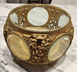 Antique French? Gilt Metal Beveled Glass Large Round Hinged Casket Jewelry Box