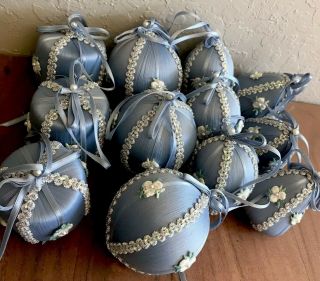 12 Vintage Decorated Satin Christmas Ball Ornaments Blue White & Silver