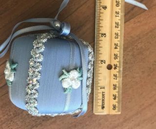 12 Vintage Decorated Satin Christmas Ball Ornaments Blue White & Silver 3
