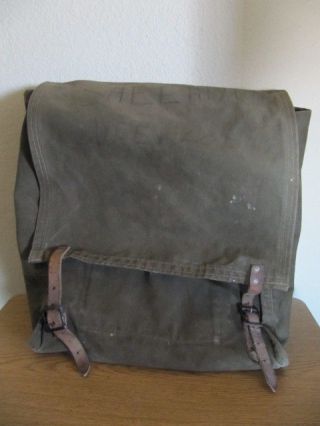 Vtg Army Green Canvas Leather Rucksack Backpack Military Camping Duluth Monarch