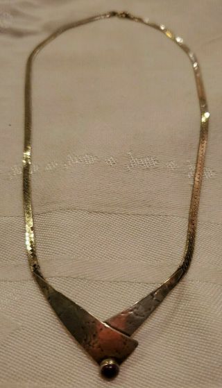 Vintage Modernist Sterling Silver Amethyst Cabochon Pendant Necklace 18 "