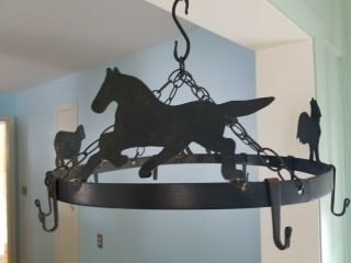 Vintage Hanging Pots And Pan Wrought Iron Rack Farmhouse Animal Theme