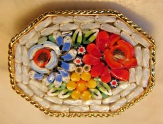 Vintage Micro Mosaic Brooch Pin Rose Flower Bouquet