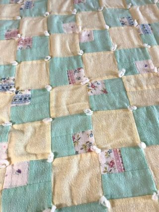Vintage Handmade Baby Quilt Blanket Blue Yellow Green Floral Hand Knot 34 " X 45 "