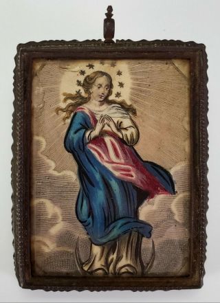 Antique 17th C.  Catholic Reliquary Relics Madonna Virgin Mary Icon Painting