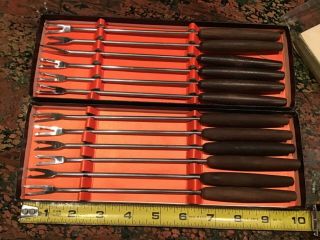 Vintage Japan Fondue Forks Set 12 Mid Century Stainless Steel Teak Wood Handles
