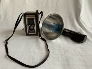 Vintage Brown Kodak Duaflex Iv Camera With Kodet Lens And Flash Holder