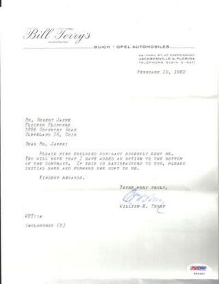 William Bill Terry Autographed Signed 1962 Contract Psa/dna K66567