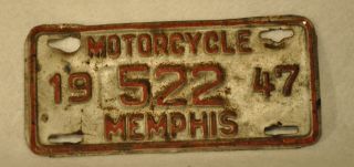 1947 Memphis Tennessee Motorcycle License Plate Tag 522 Harley Davidson Indian