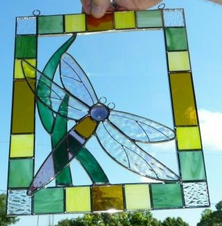 Dragonfly Suncatcher 3d Stained Glass Window Art Hanging Flower 7.  7 " X 9 " Vtg