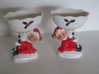 1950s Vintage Pair Napco Napcoware Christmas Pixie Elf Large Planters Candy Dish