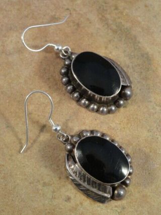 Vintage Mexican Mexico Sterling Silver & Black Onyx Feather Earrings
