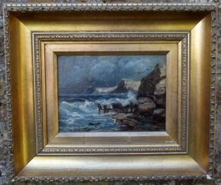 19th Century British Antique STORMY SEASCAPE Oil Painting Feintly Signed 